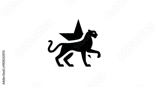 Black panther or cougar silhouette with star element, a powerful and minimalist feline mascot design on a white background.