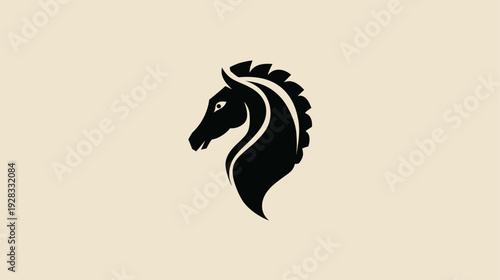 Elegant black horse head silhouette, stylized vector illustration. Strong equine profile design on a light background.