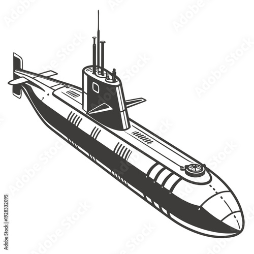 Black and white submarine with conning tower and periscope