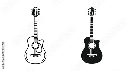 Acoustic Guitar Icons: Outline and Silhouette on White Background