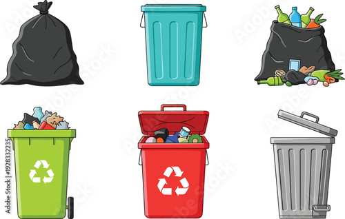 Set of waste management icons including green and red recycling bins black garbage bags and metal trash cans isolated on white background for environmental concepts.