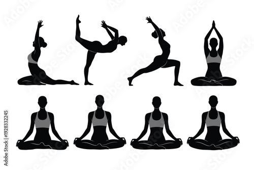 Yoga woman silhouette illustration in various poses and meditation