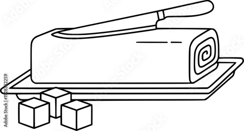 Simple Line of Butter Roll Tray with Knife and Cubes