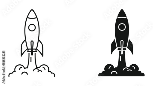 Rocket Launch Icon Set: Line Art and Solid Silhouette