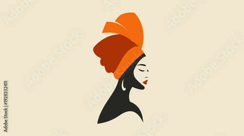 Elegant profile illustration of a beautiful woman wearing a vibrant orange and red head wrap, graphic vector art with a minimalist design