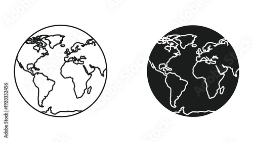 Two Globe Icons: Outline and Silhouette of Planet Earth, World Map Illustration