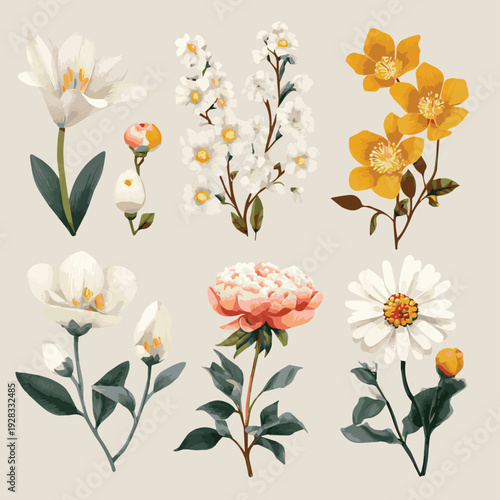 Create a Flat vector birth flowers collection vector art of white background