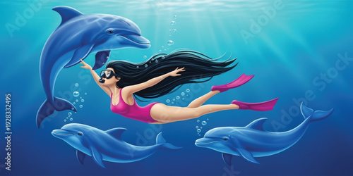 Young Woman Swimming Underwater with Dolphins in Ocean Wearing Diving Mask and Fins, Marine Life Adventure Illustration for Travel, Nature, and Summer Designs
