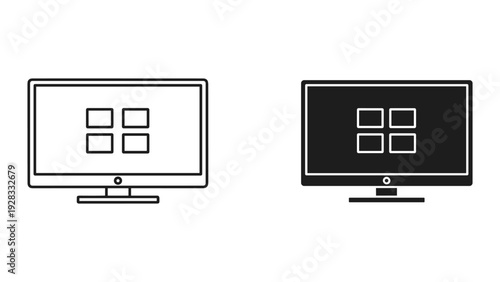 TV Screen with App Icons - Line Art and Silhouette Icons