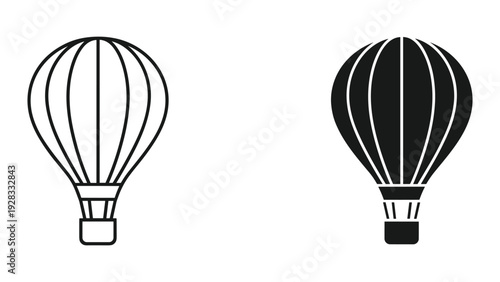 Hot Air Balloon Icons: Outline and Solid Fill, Isolated on White Background