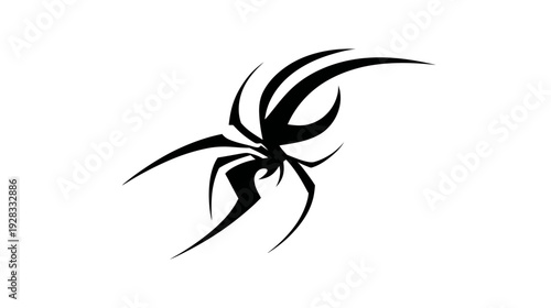 Abstract tribal spider graphic design in black and white. Stylized insect tattoo art symbol for decorative elements, modern vector illustration.