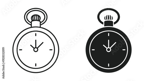 Pocket Watch Icons: Line Art and Silhouette - Timekeeping and Vintage Style