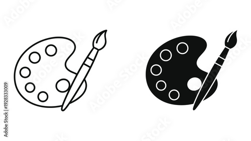 Art Palette and Brush Icons: Line Art and Silhouette