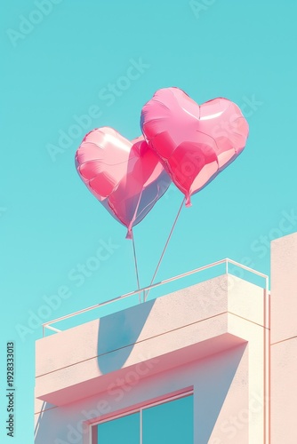 Vibrant Pink Heart Shaped Balloons Floating Gracefully Above a Charming Rooftop in a Serene Urban Landscape