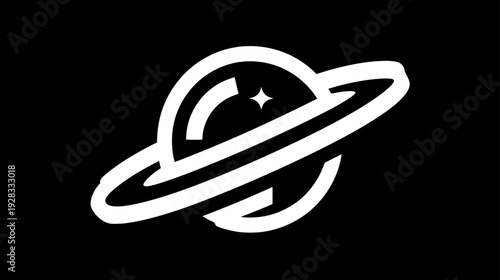 Minimalist white planet icon with ring and star on black background, clean vector graphic for space, astronomy, and science themes