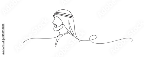 One line drawing of an Arab man wearing traditional headscarf and robe, symbolizing Middle Eastern culture and identity. Hand drawn continuous line highlighting heritage, tradition.