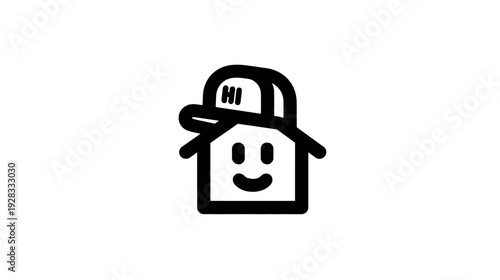 Friendly Home Welcome Icon: Smiling House Character with 'HI' Cap. Cute Hand-drawn Doodle Vector Illustration for Real Estate.