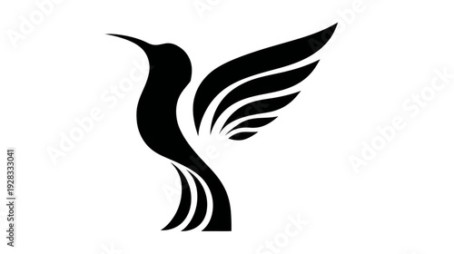 Stylized black hummingbird silhouette flying, elegant vector graphic design element on white background, swift bird icon.