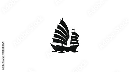 Elegant black silhouette of two traditional Asian junk boats with distinctive fan sails, isolated vector icon on white background. Nautical historic sailing vessel design.
