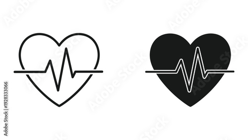 Heartbeat Icon Set: Outline and Solid Heart with EKG Line