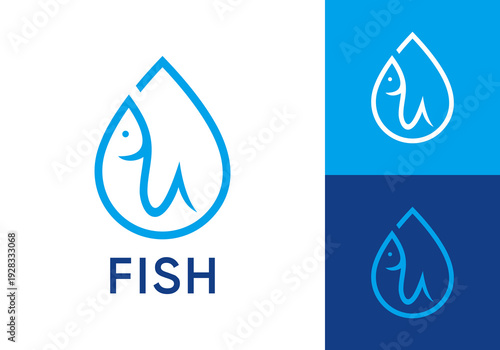 fish with water drop line art logo design concept