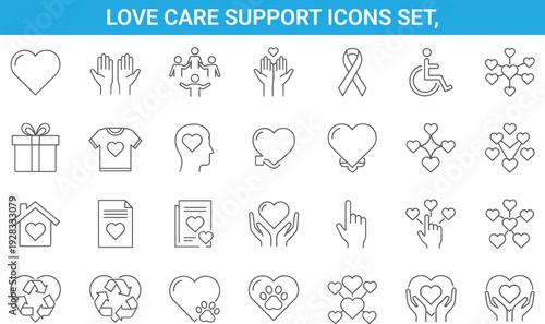 Love care support icons set, heart charity donation family help kindness symbols, social care, community, line vector illustration collection