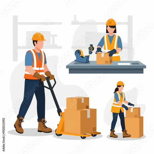 Warehouse Workers Handling Cardboard Boxes.