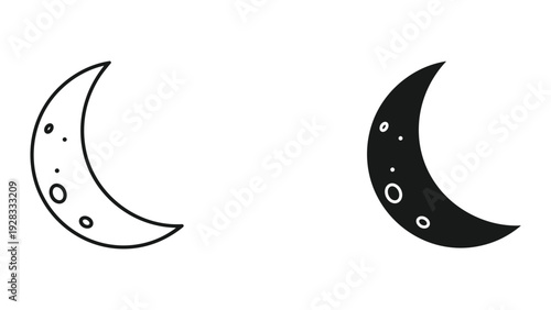 Crescent Moon Icons: Outline and Solid Fill, Hand-Drawn Style