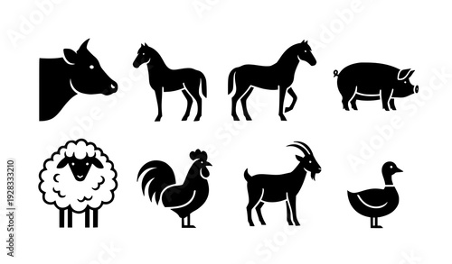 Minimal Farm Animal Silhouette Icon Set Agriculture Livestock Vector On White