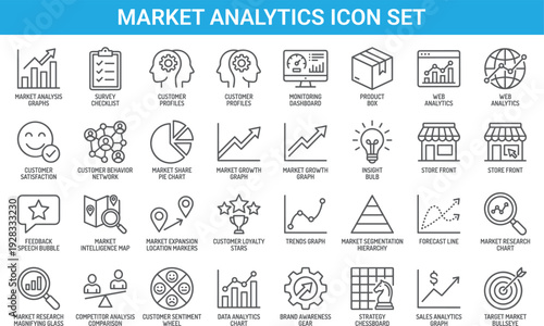 Market analytics icon set, outline style, business research symbols, customer behavior, growth charts, strategy planning, digital marketing graphics collection