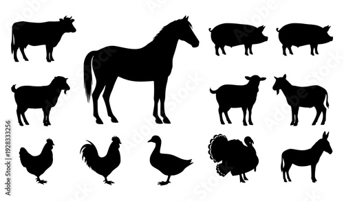 Farm Animal Silhouette Collection Cow Horse Pig Sheep Vector Set On White