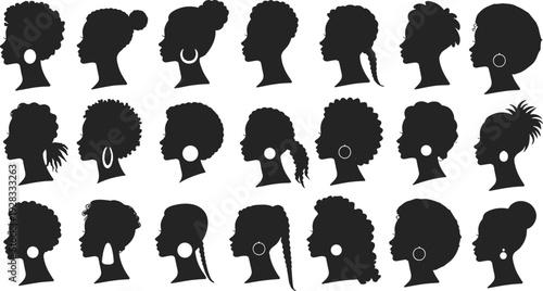 Black woman profile silhouette collection with diverse natural hairstyles afro braids buns and hoop earrings isolated on white background for