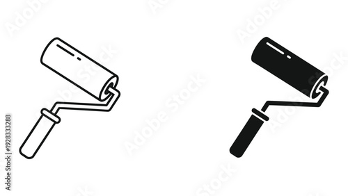 Paint Roller Icon Set - Line Art and Solid Silhouette