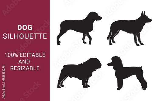  Dog Silhouette set with Various Breeds and Poses while they are Jumping, Running, and Sitting can be use able for Pet Branding and Logos 100% editable