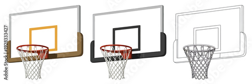 Three basketball hoops with backboards and nets in different colors and styles side by side