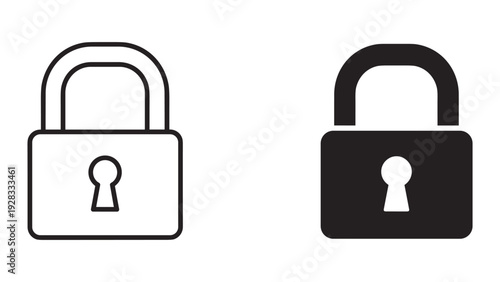 Set of two padlock icons, one outlined and one solid black, on white background