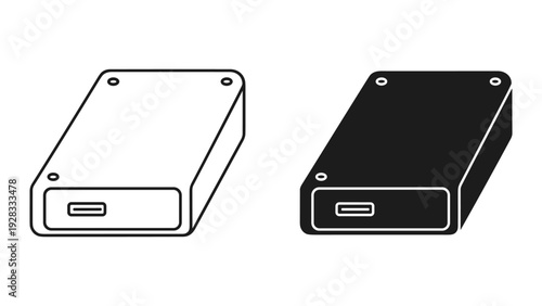 Power Bank and External Hard Drive Icons: Line Art and Silhouette