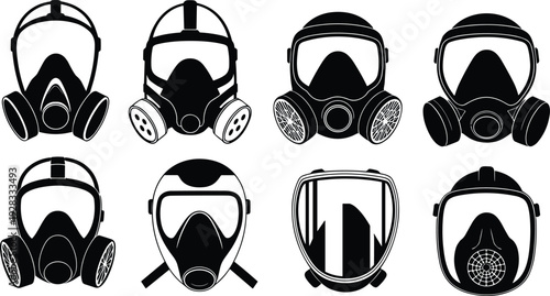 Gas mask icons set, respirator vector silhouettes, industrial safety equipment, chemical protection gear, face shield, biohazard mask,