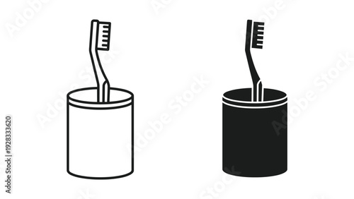 Toothbrush in Holder Icon Set: Outline and Silhouette