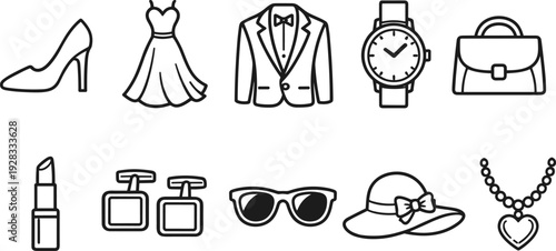 Collection of fashion accessories and clothing items in a clean line art style