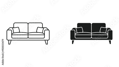 Sofa icon set: outline and silhouette of couch with cushions