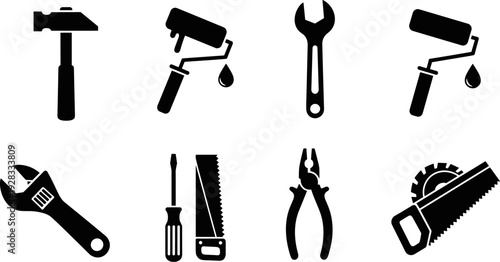 Collection of black silhouette icons representing various hand tools for construction and repair