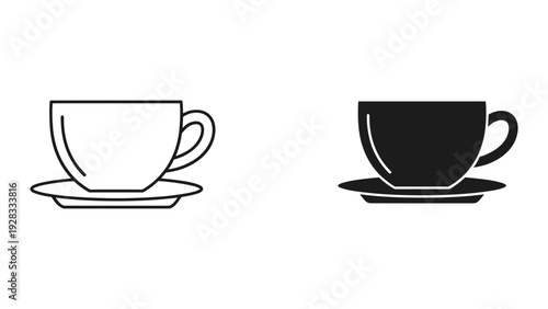 Coffee Cup and Saucer Icon Set: Outline and Solid Styles
