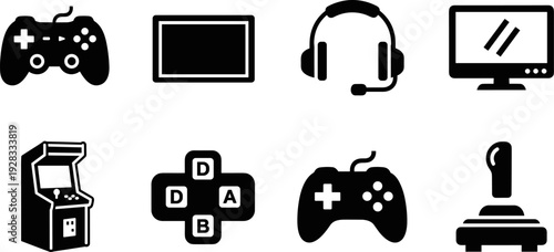 Collection of classic and modern video game icons and equipment for digital entertainment