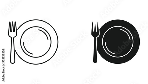 Plate and fork icons, line art and solid black, isolated on white