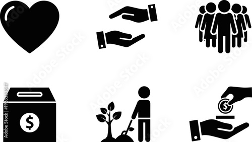Black charity and volunteering icons showing donations, giving hands, community and planting