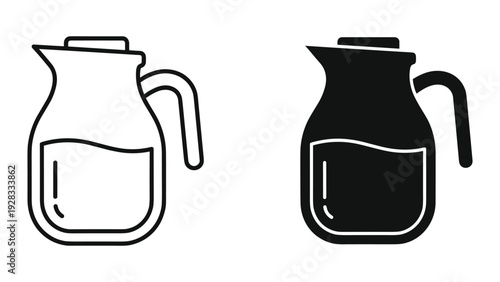 Pitcher Icon Set - Outline and Silhouette, Filled with Liquid