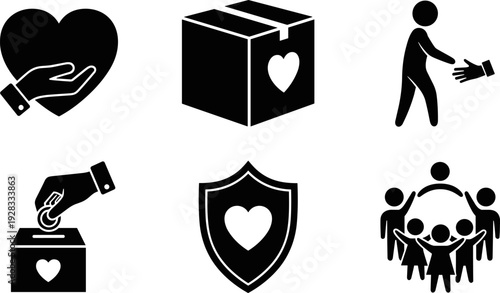 Collection of charity and donation icons representing giving, support, and community.
