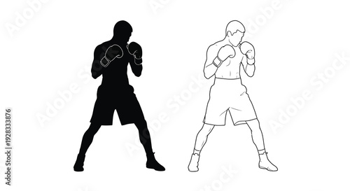 Two boxers in fighting stance one in solid black silhouette