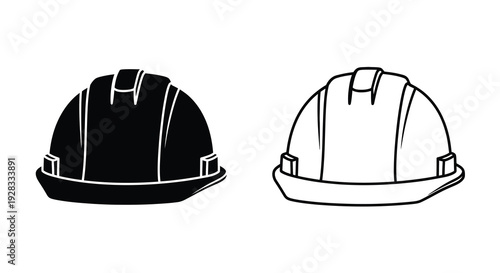 Two construction helmets one solid and one outlined in black and white silhouette